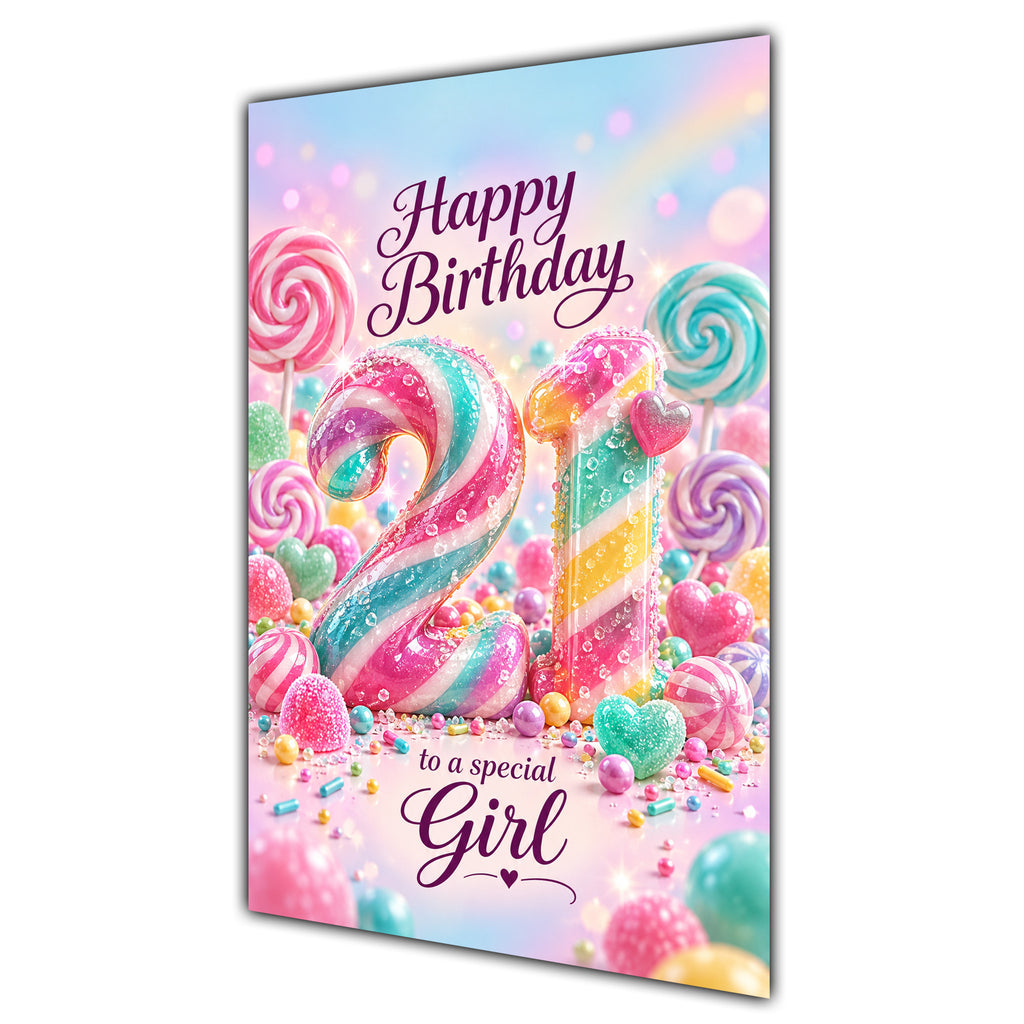 Happy 21st Birthday Special Girl Rainbow Sweets Lollipops Card A5