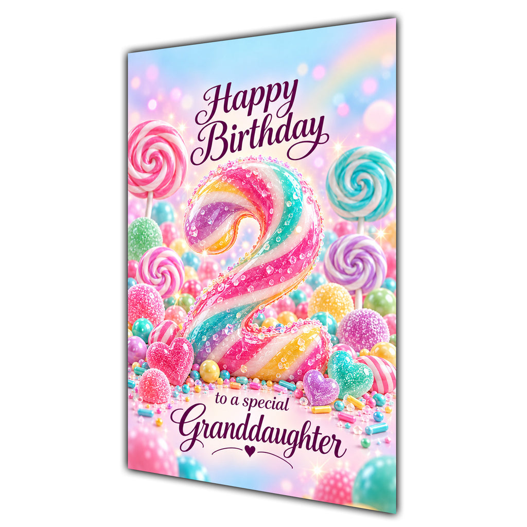 Happy 2nd Birthday Granddaughter Rainbow Sweets Lollipops Card A5