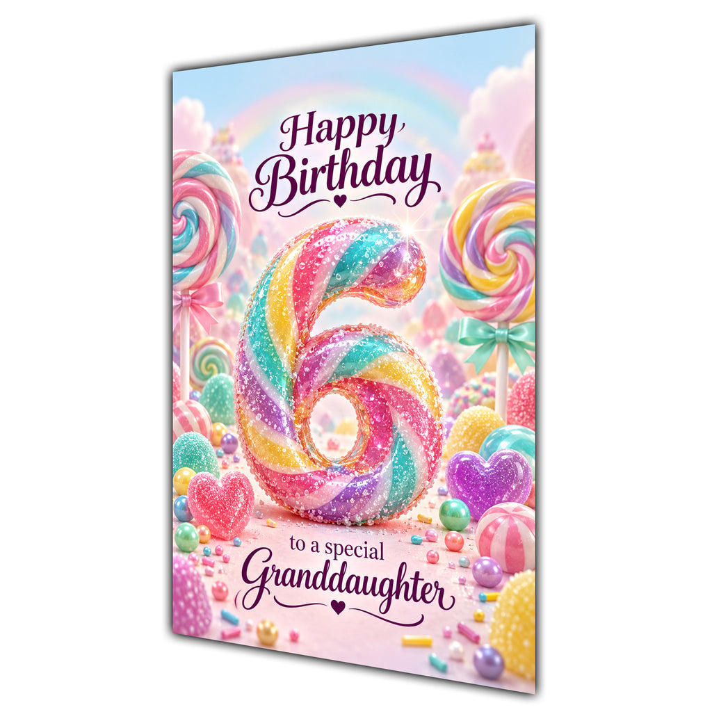 Happy 6th Birthday Granddaughter Rainbow Sweets Lollipops Card A5