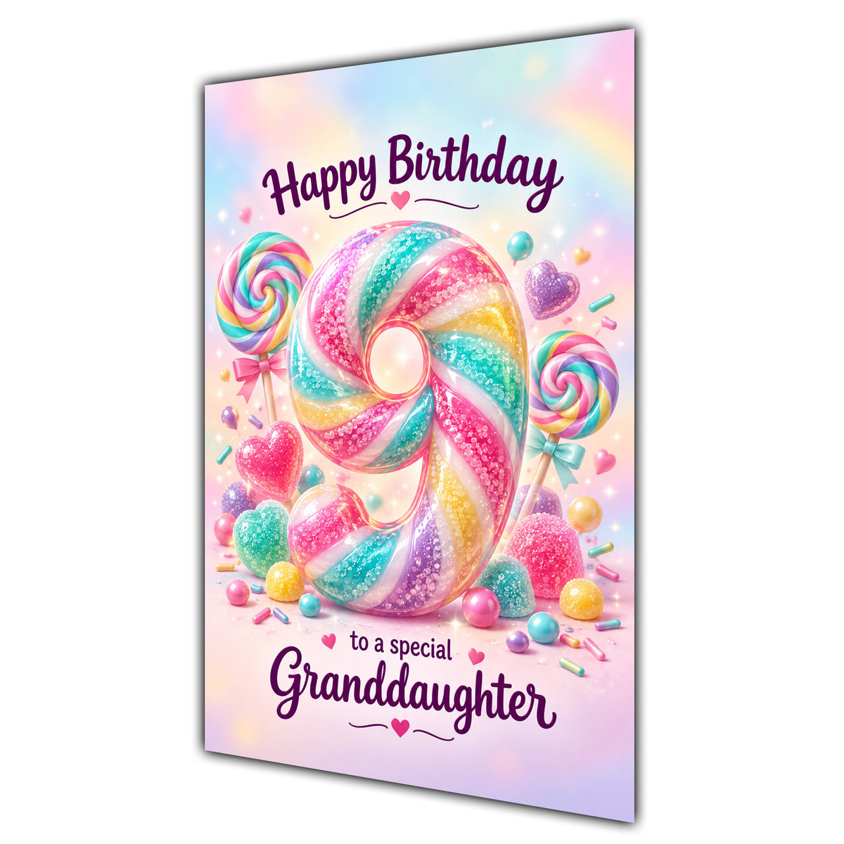 Happy 9th Birthday Granddaughter Rainbow Sweets Lollipops Card A5