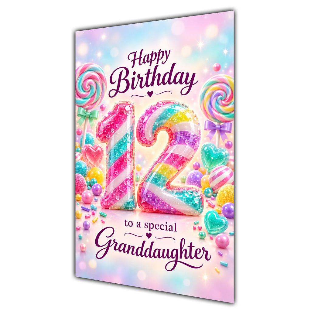 Happy 12th Birthday Granddaughter Rainbow Sweets Lollipops Card A5