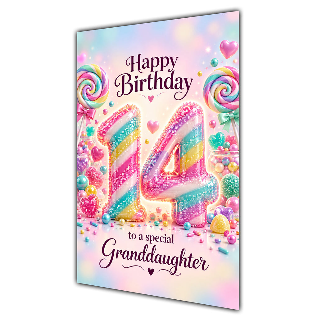 Happy 14th Birthday Granddaughter Rainbow Sweets Lollipops Card A5