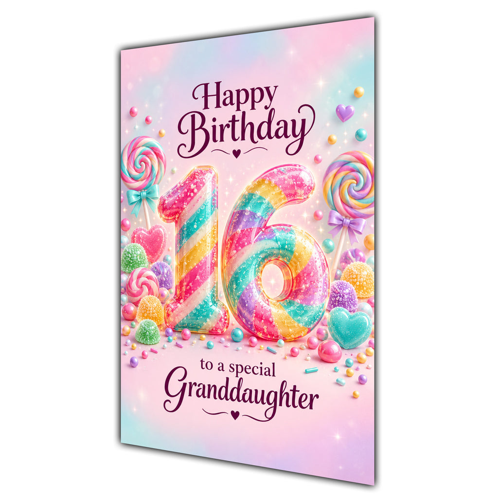 Happy 16th Birthday Granddaughter Rainbow Sweets Lollipops Card A5