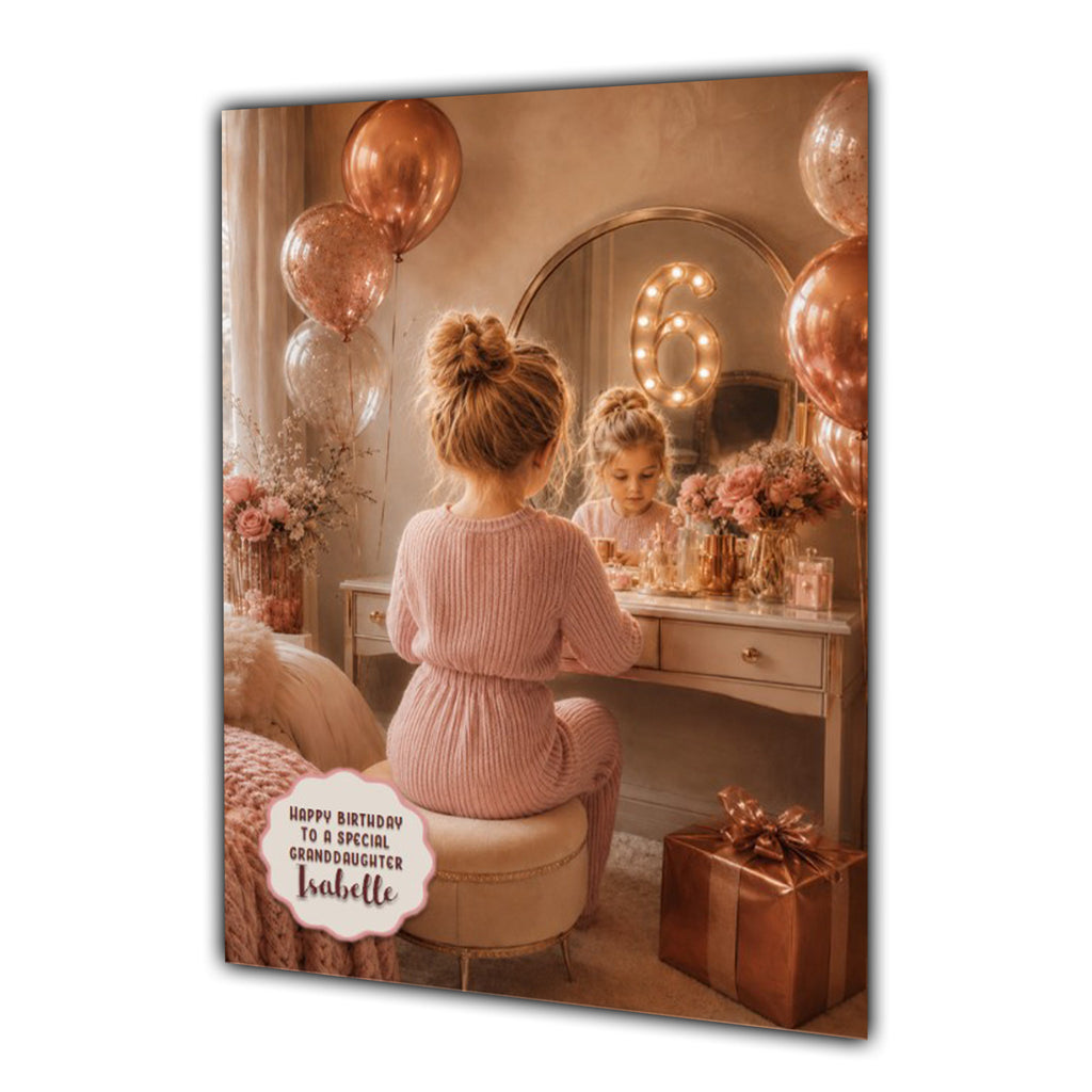 6th Birthday Card For Girls, Daughter, Granddaughter, Niece, Blonde Hair, Dressing Table
