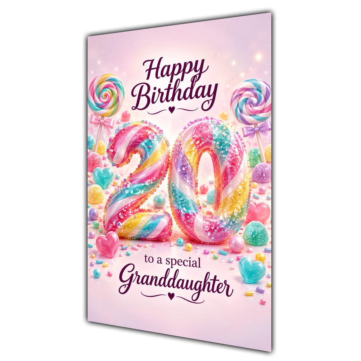Happy 20th Birthday Granddaughter Rainbow Sweets Lollipops Card A5