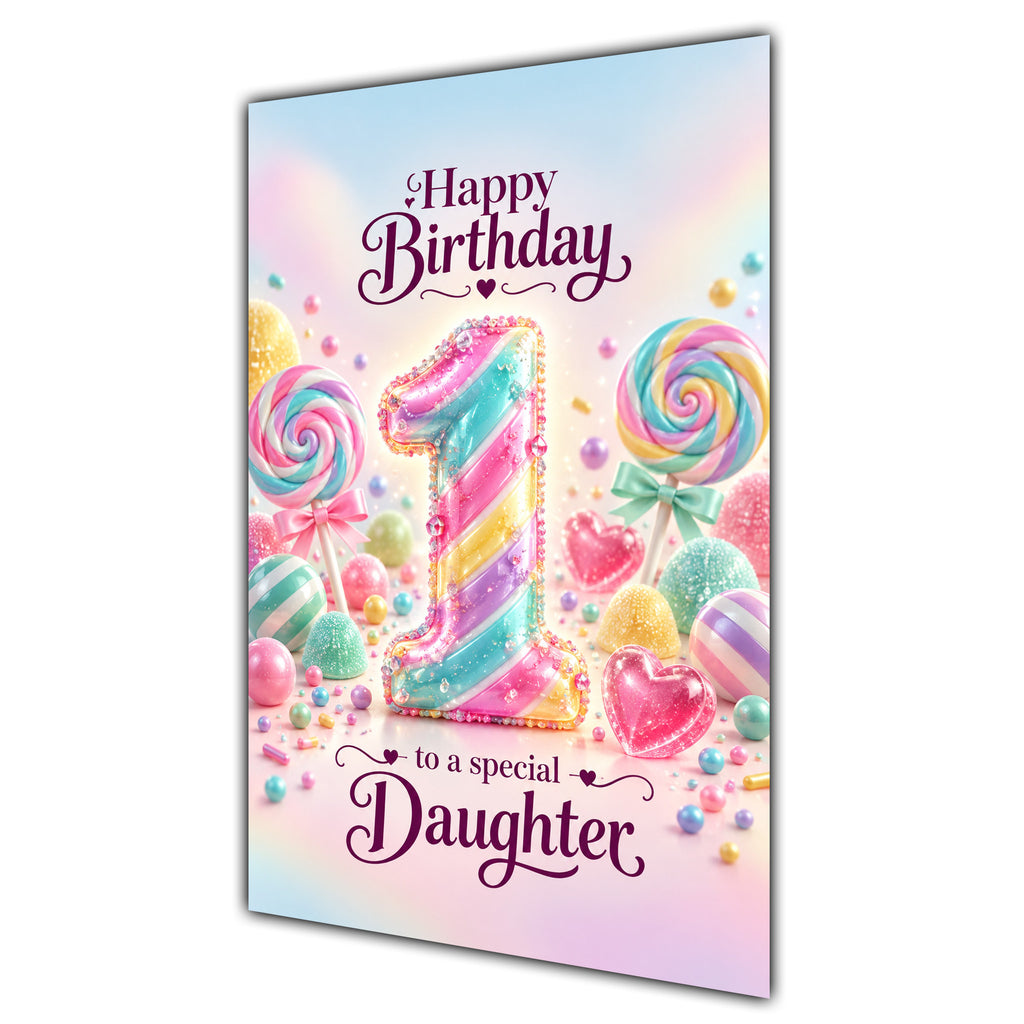 Happy 1st Birthday Daughter Rainbow Sweets Lollipops Card A5
