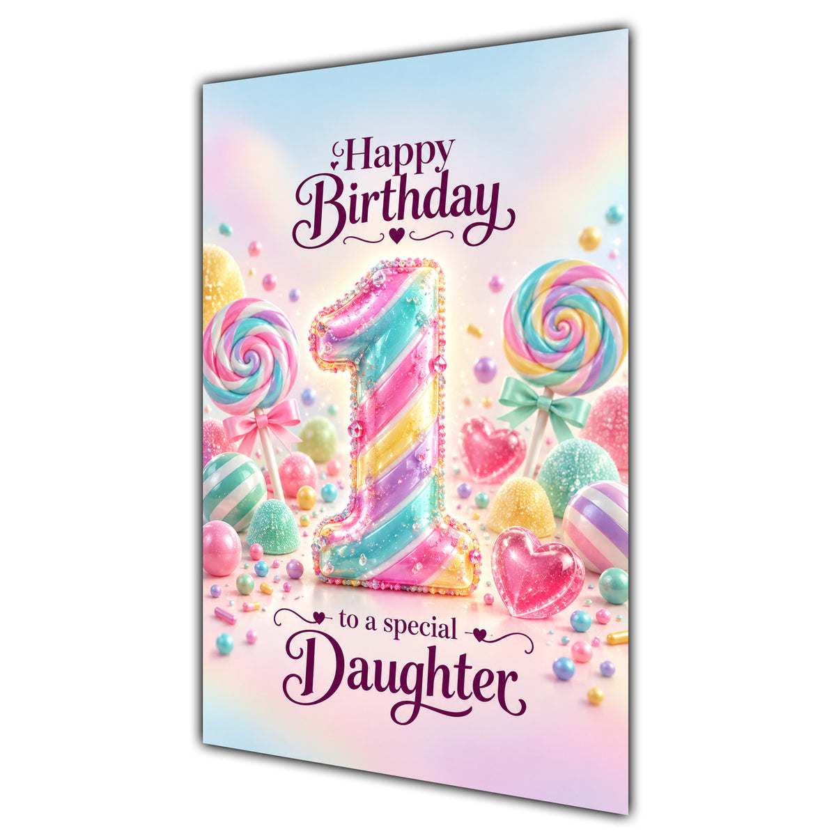 Happy 1st Birthday Daughter Rainbow Sweets Lollipops Card A5