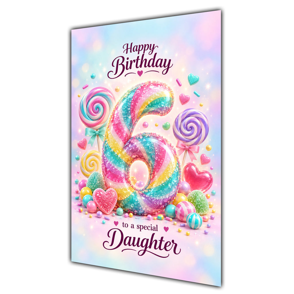 Happy 6th Birthday Daughter Rainbow Sweets Lollipops Card A5