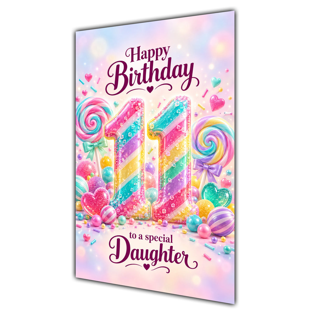 Happy 11th Birthday Daughter Rainbow Sweets Lollipops Card A5
