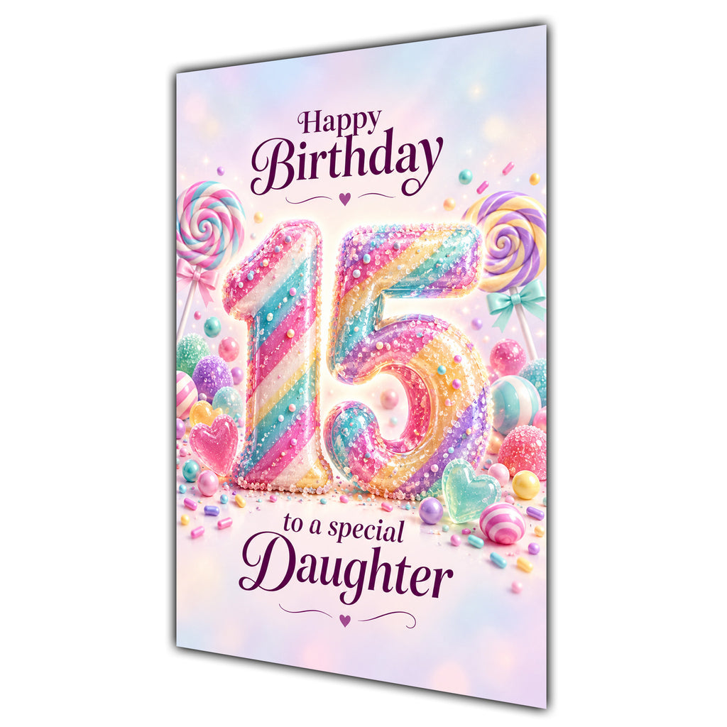 Happy 15th Birthday Daughter Rainbow Sweets Lollipops Card A5