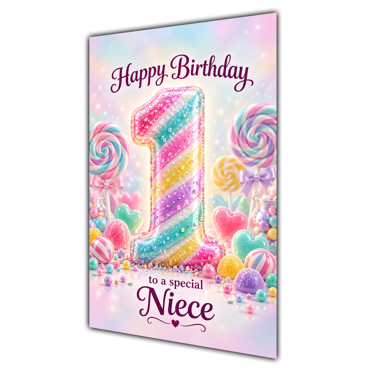 Happy 1st Birthday Niece Rainbow Sweets Lollipops Card A5