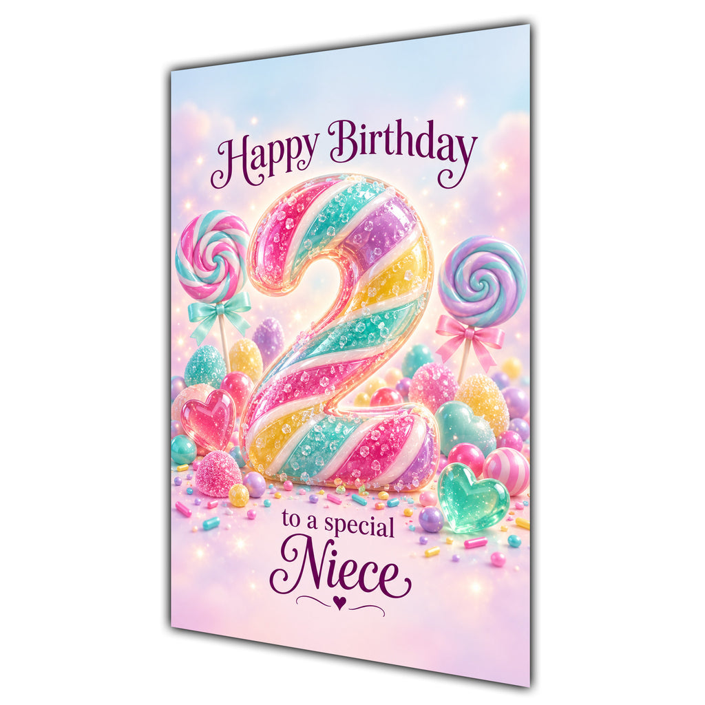 Happy 2nd Birthday Niece Rainbow Sweets Lollipops Card A5