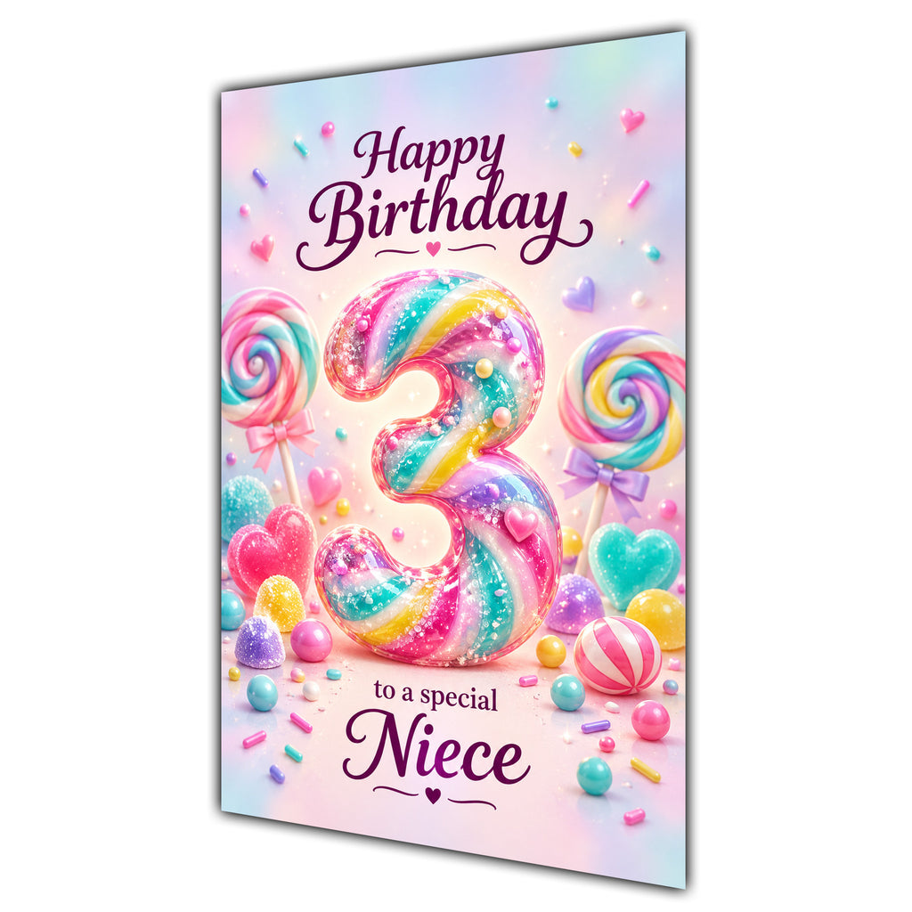 Happy 3rd Birthday Niece Rainbow Sweets Lollipops Card A5