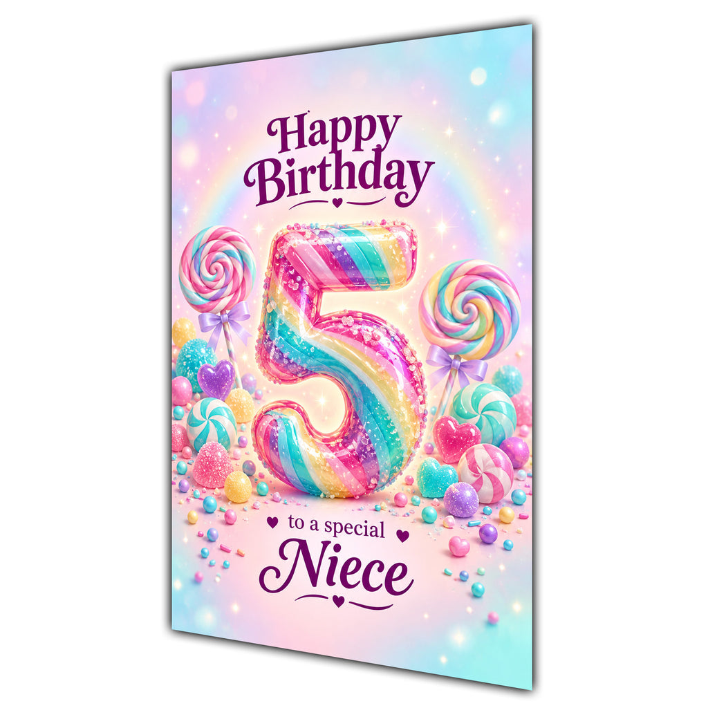 Happy 5th Birthday Niece Rainbow Sweets Lollipops Card A5