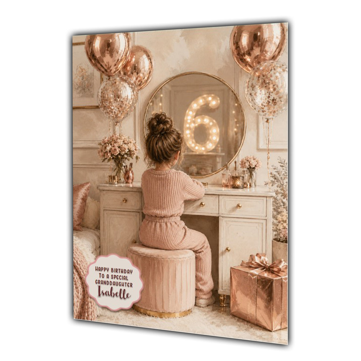 6th Birthday Card For Girls, Daughter, Granddaughter, Niece, Brown Hair, Dressing Table