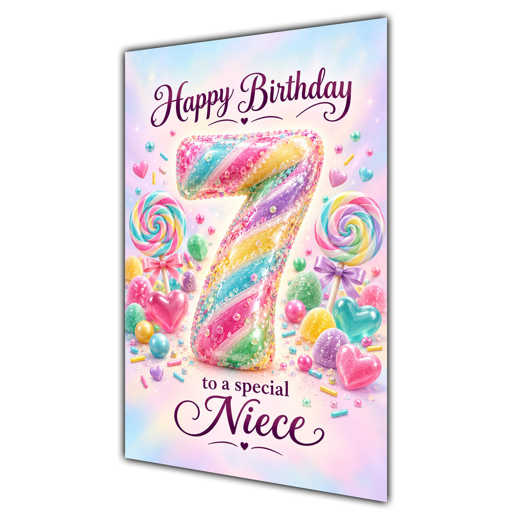 Happy 7th Birthday Niece Rainbow Sweets Lollipops Card A5