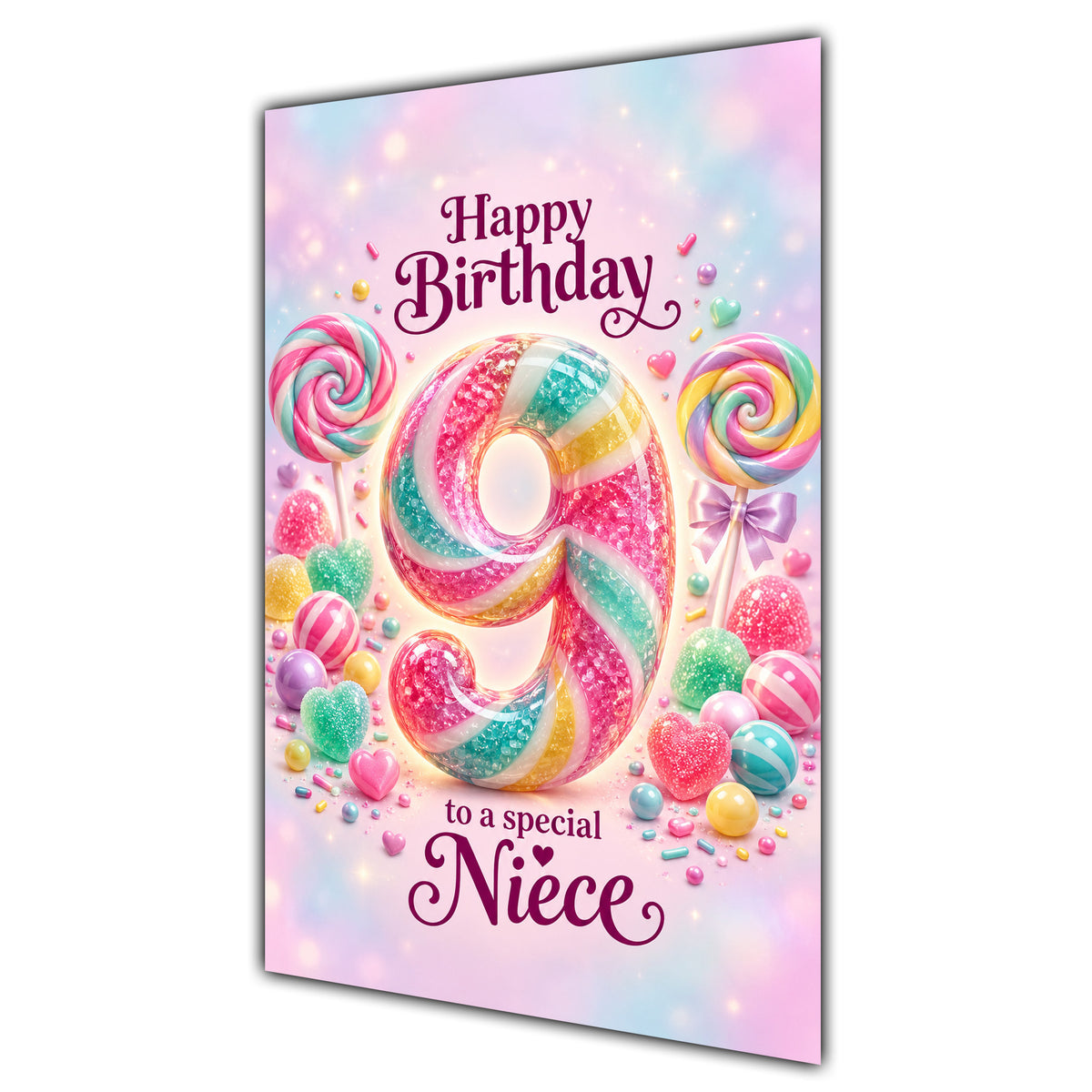 Happy 9th Birthday Niece Rainbow Sweets Lollipops Card A5