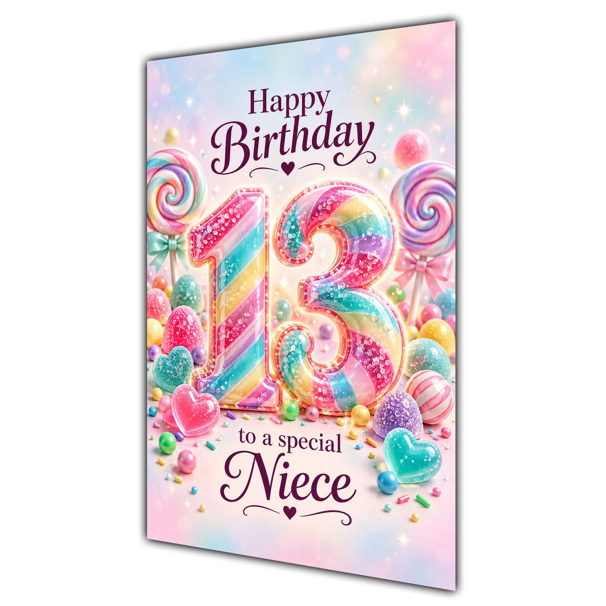 Happy 13th Birthday Niece Rainbow Sweets Lollipops Card A5