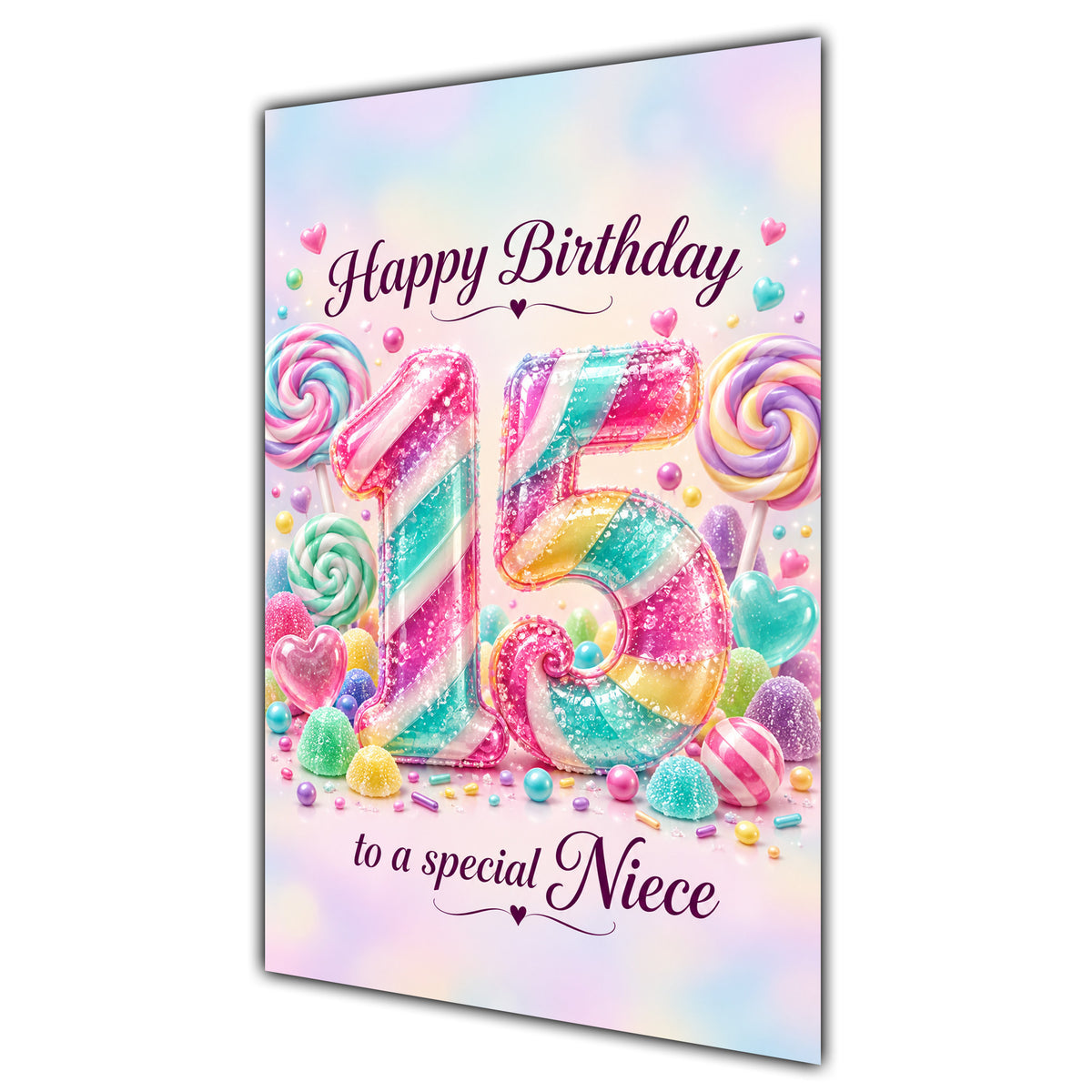 Happy 15th Birthday Niece Rainbow Sweets Lollipops Card A5
