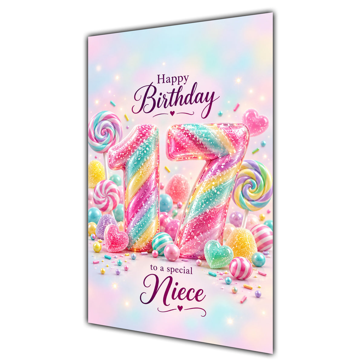 Happy 17th Birthday Niece Rainbow Sweets Lollipops Card A5
