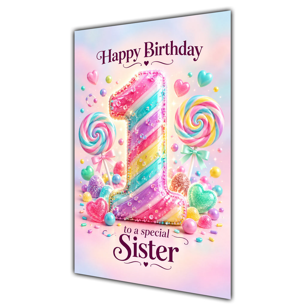 Happy 1st Birthday Sister Rainbow Sweets Lollipops Card A5