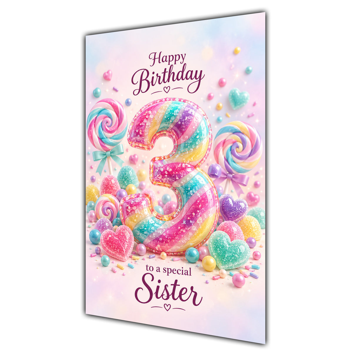 Happy 3rd Birthday Sister Rainbow Sweets Lollipops Card A5