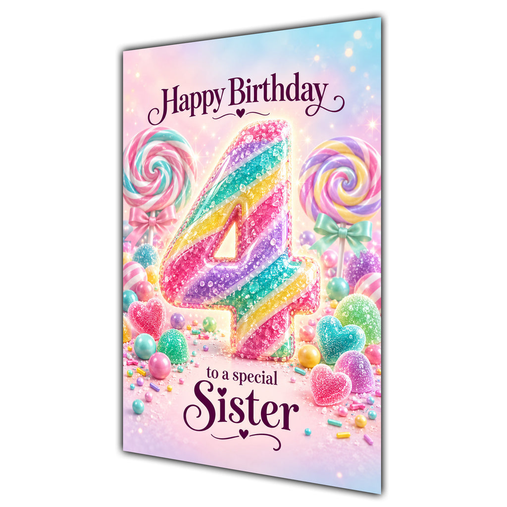 Happy 4th Birthday Sister Rainbow Sweets Lollipops Card A5