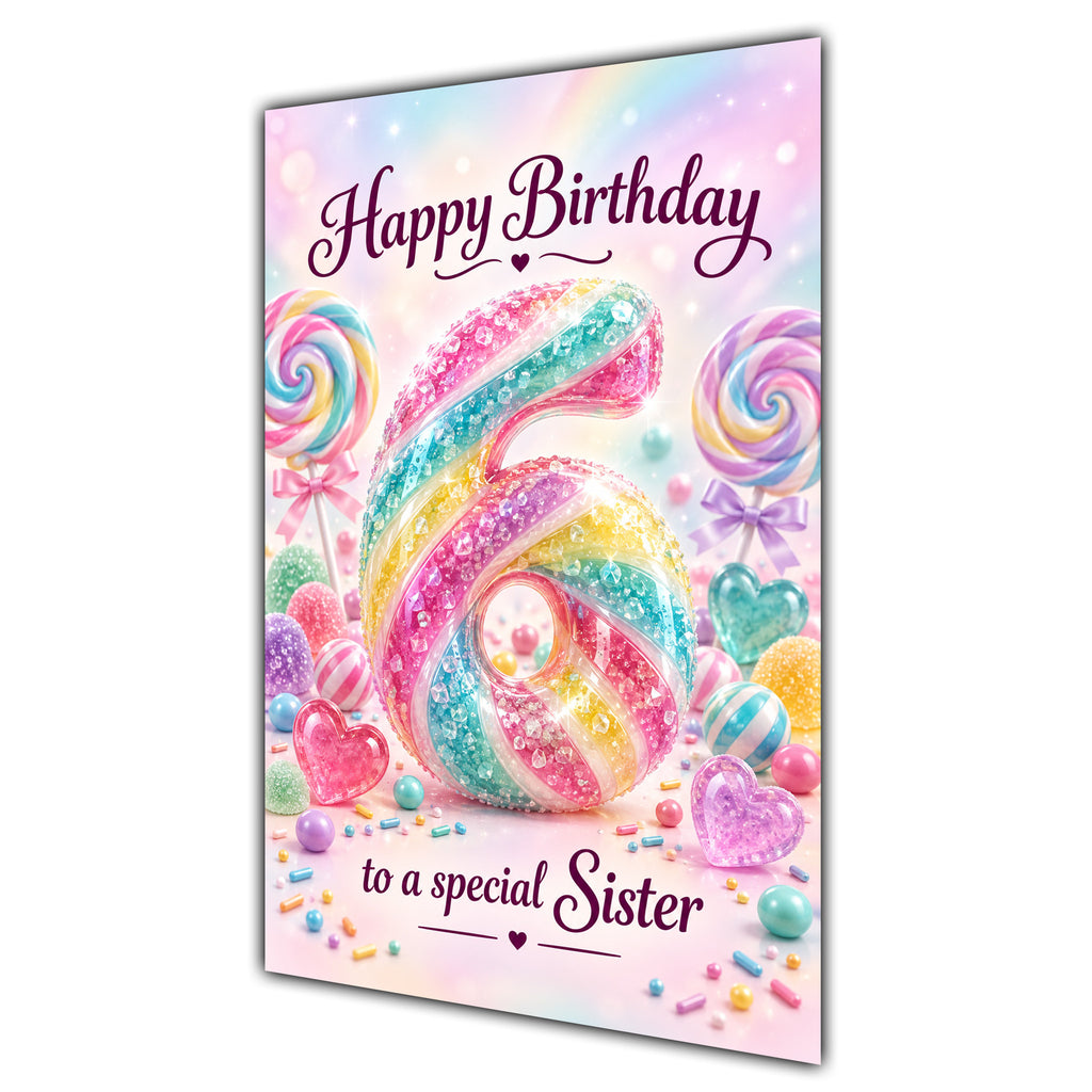 Happy 6th Birthday Sister Rainbow Sweets Lollipops Card A5
