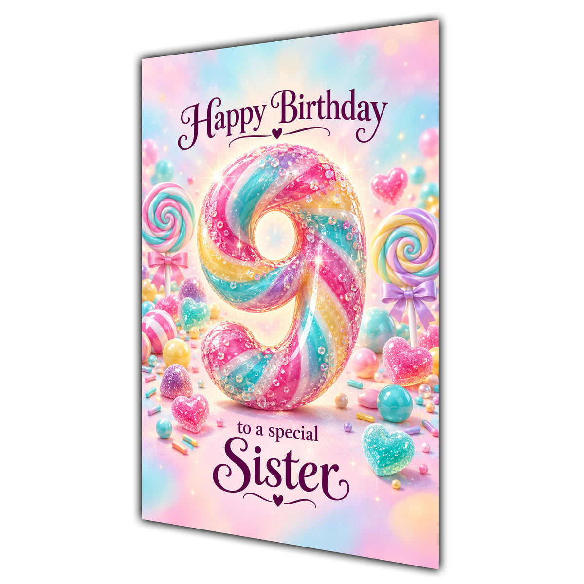 Happy 9th Birthday Sister Rainbow Sweets Lollipops Card A5