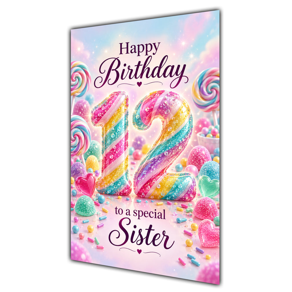 Happy 12th Birthday Sister Rainbow Sweets Lollipops Card A5
