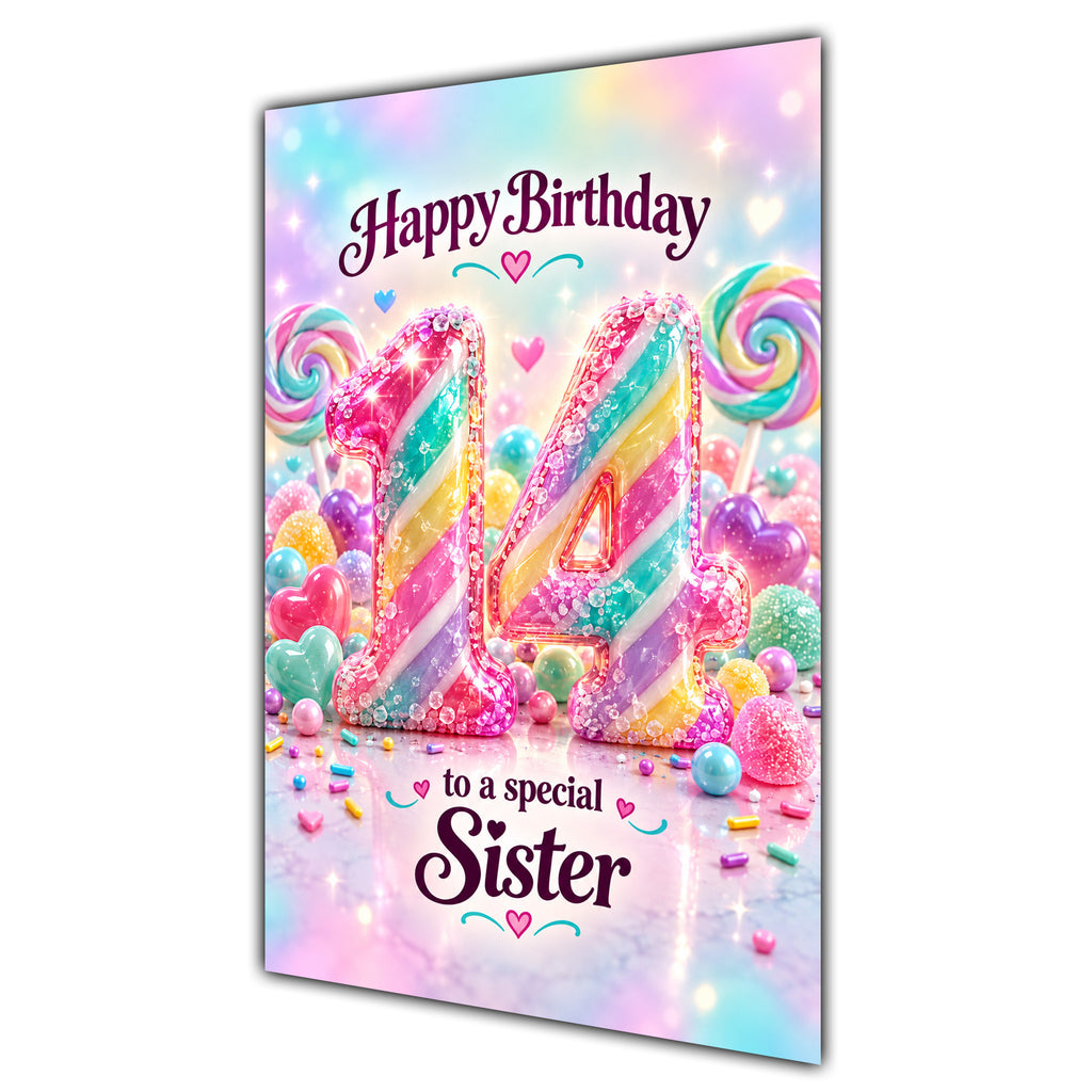 Happy 14th Birthday Sister Rainbow Sweets Lollipops Card A5
