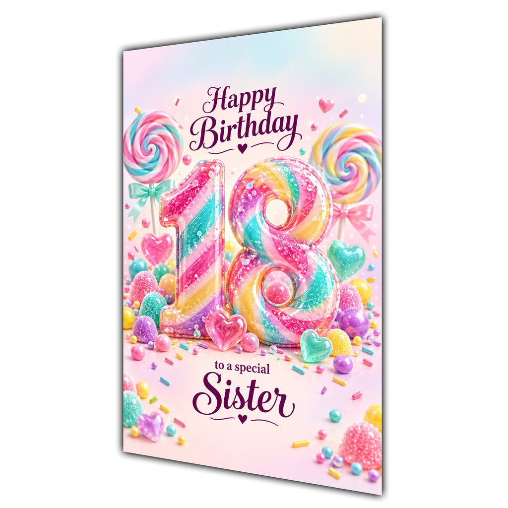 Happy 18th Birthday Sister Rainbow Sweets Lollipops Card A5