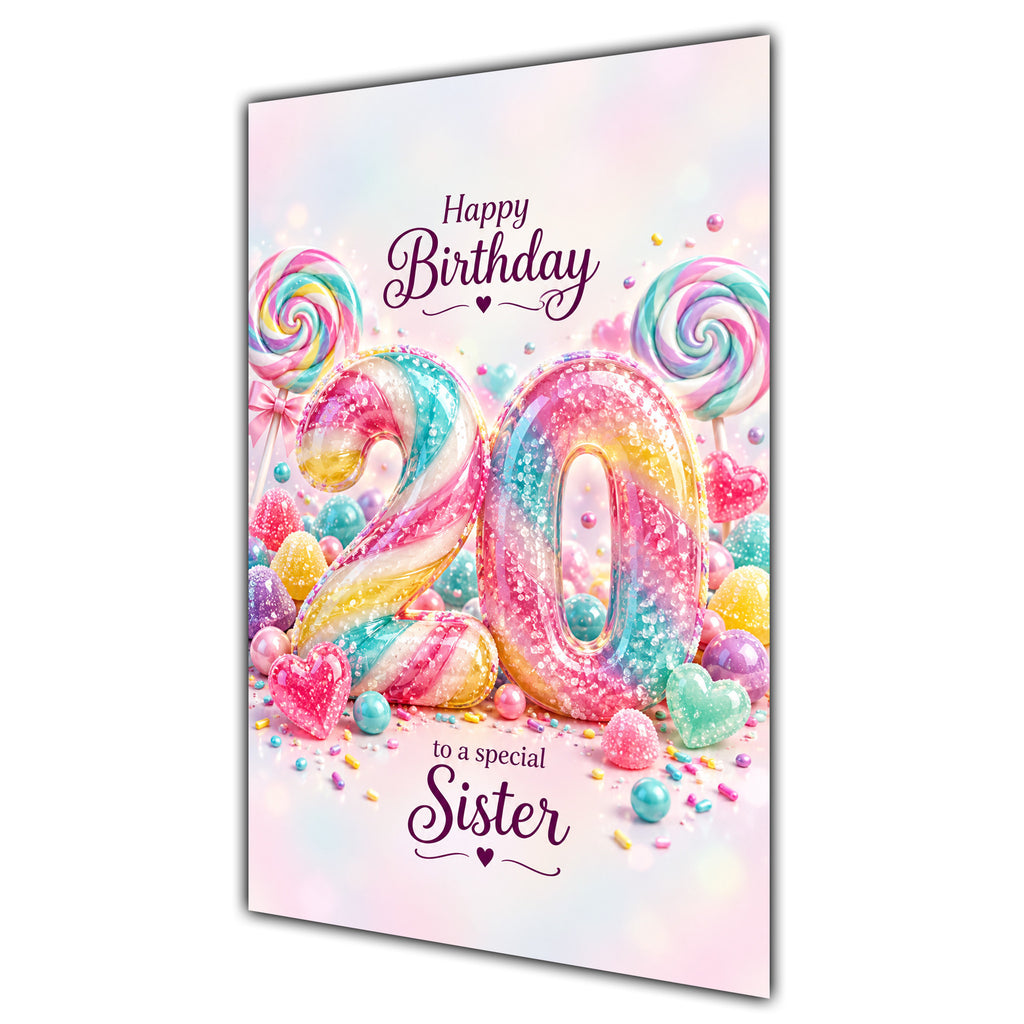 Happy 20th Birthday Sister Rainbow Sweets Lollipops Card A5