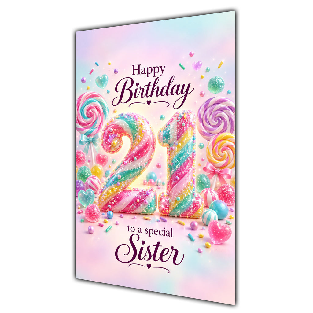 Happy 21st Birthday Sister Rainbow Sweets Lollipops Card A5
