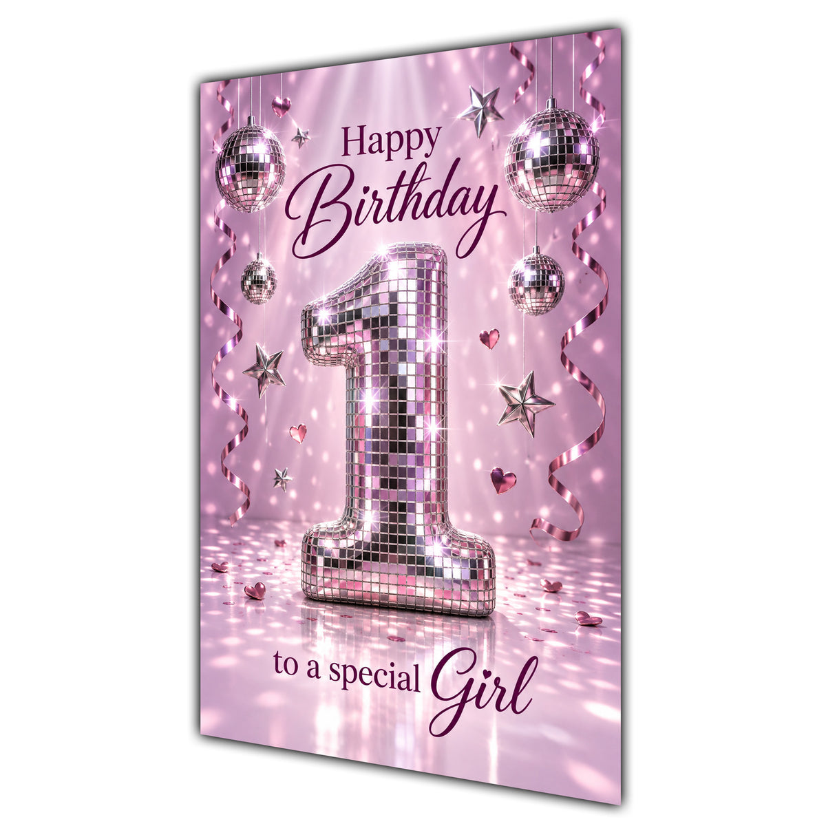 Happy 1st Birthday Special Girl Pink Disco Ball Number Card A5