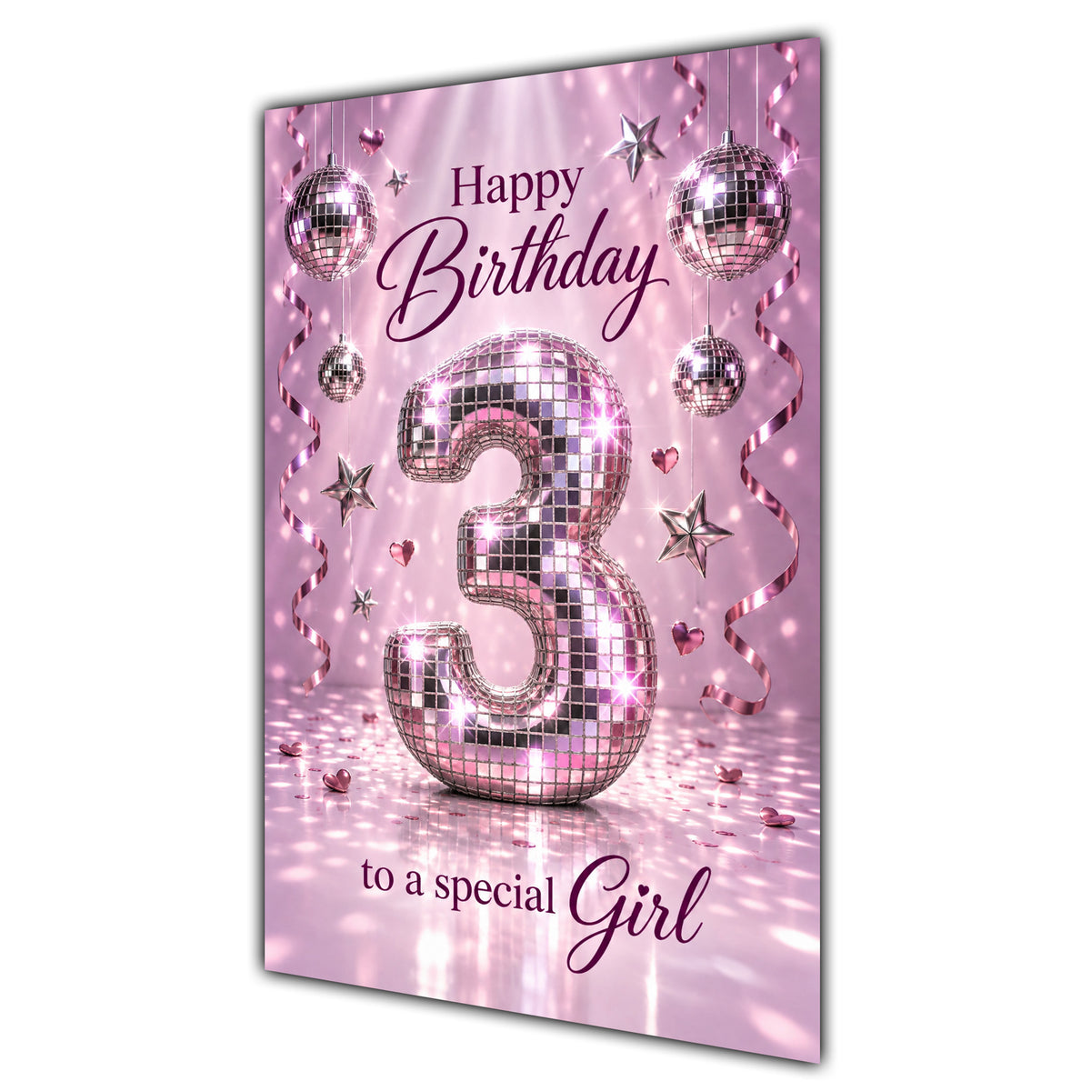 Happy 3rd Birthday Special Girl Pink Disco Ball Number Card A5