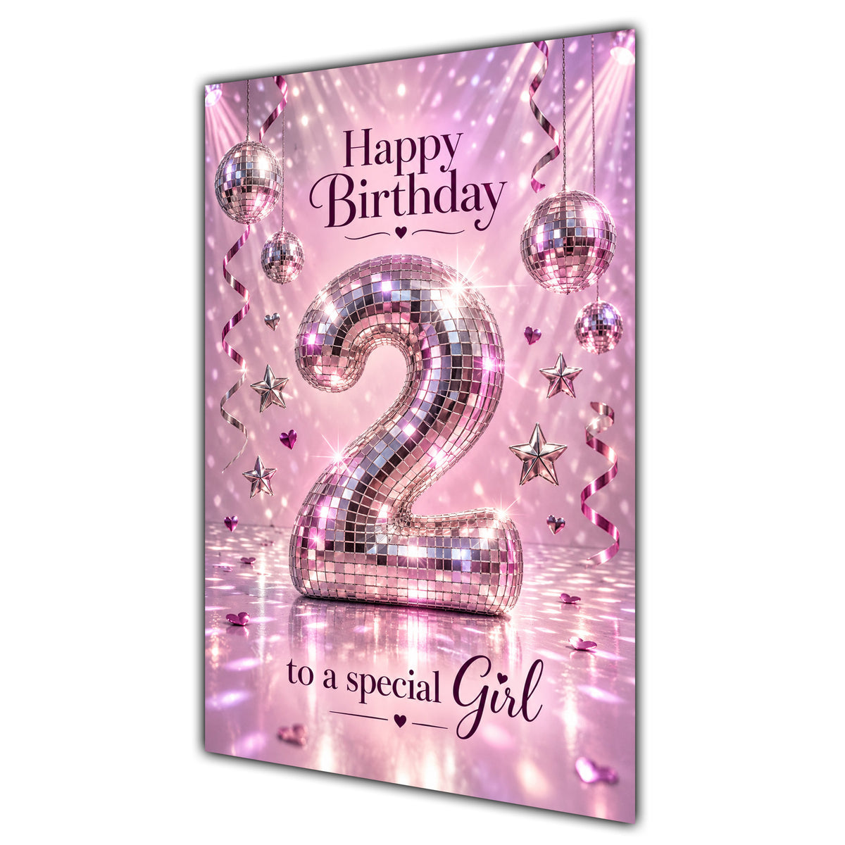 Happy 2nd Birthday Special Girl Pink Disco Ball Number Card A5