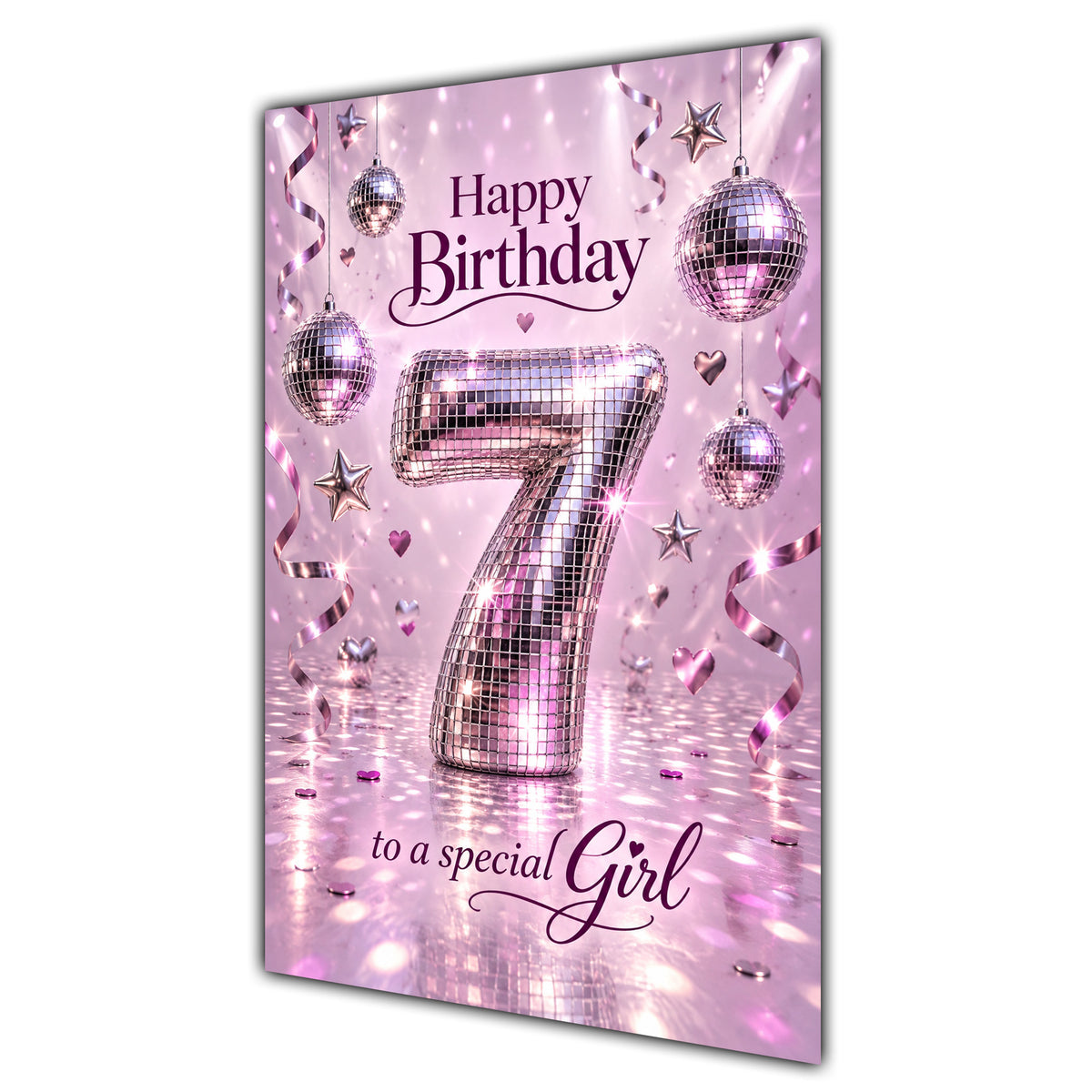 Happy 7th Birthday Special Girl Pink Disco Ball Number Card A5