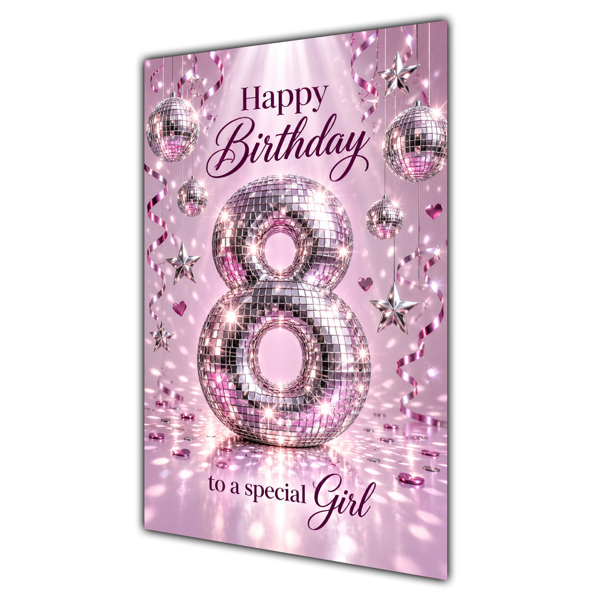 Happy 8th Birthday Special Girl Pink Disco Ball Number Card A5