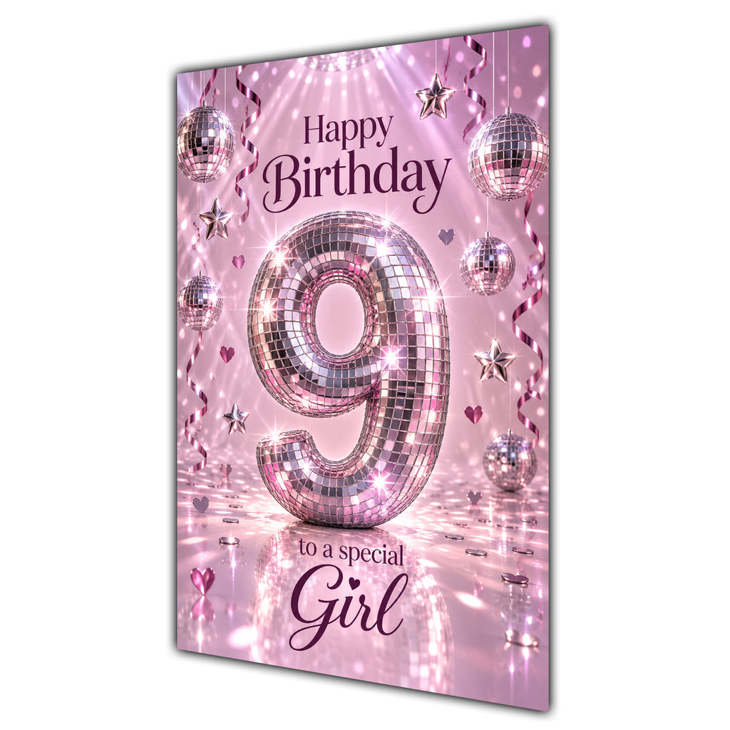 Happy 9th Birthday Special Girl Pink Disco Ball Number Card A5