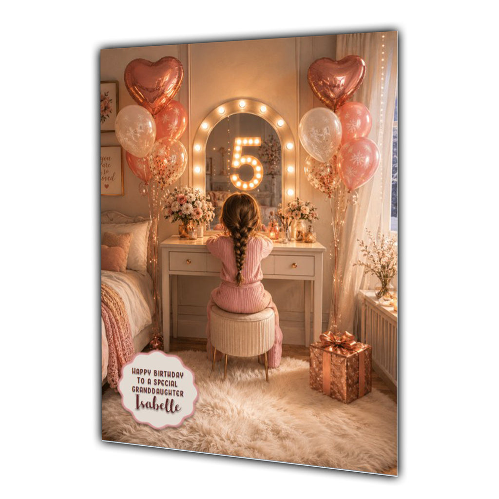 5th Birthday Card For Girls, Daughter, Granddaughter, Niece, Brown Hair, Dressing Table