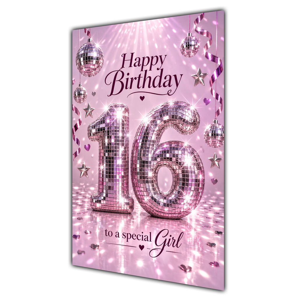 Happy 16th Birthday Special Girl Pink Disco Ball Number Card A5