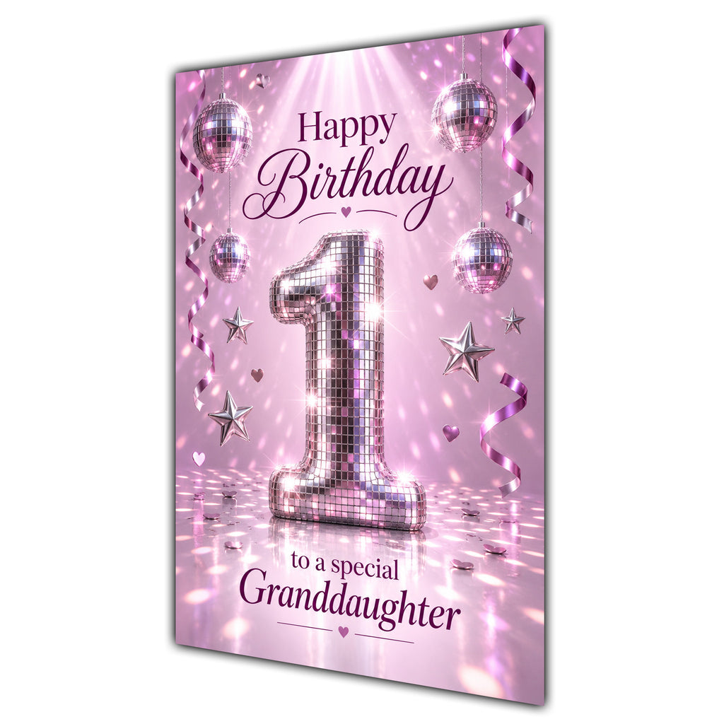 Happy 1st Birthday Granddaughter Pink Disco Ball Number Card A5