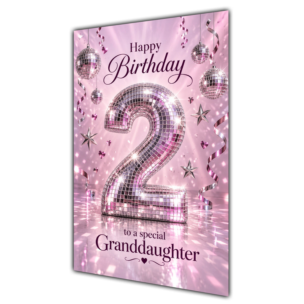 Happy 2nd Birthday Granddaughter Pink Disco Ball Number Card A5