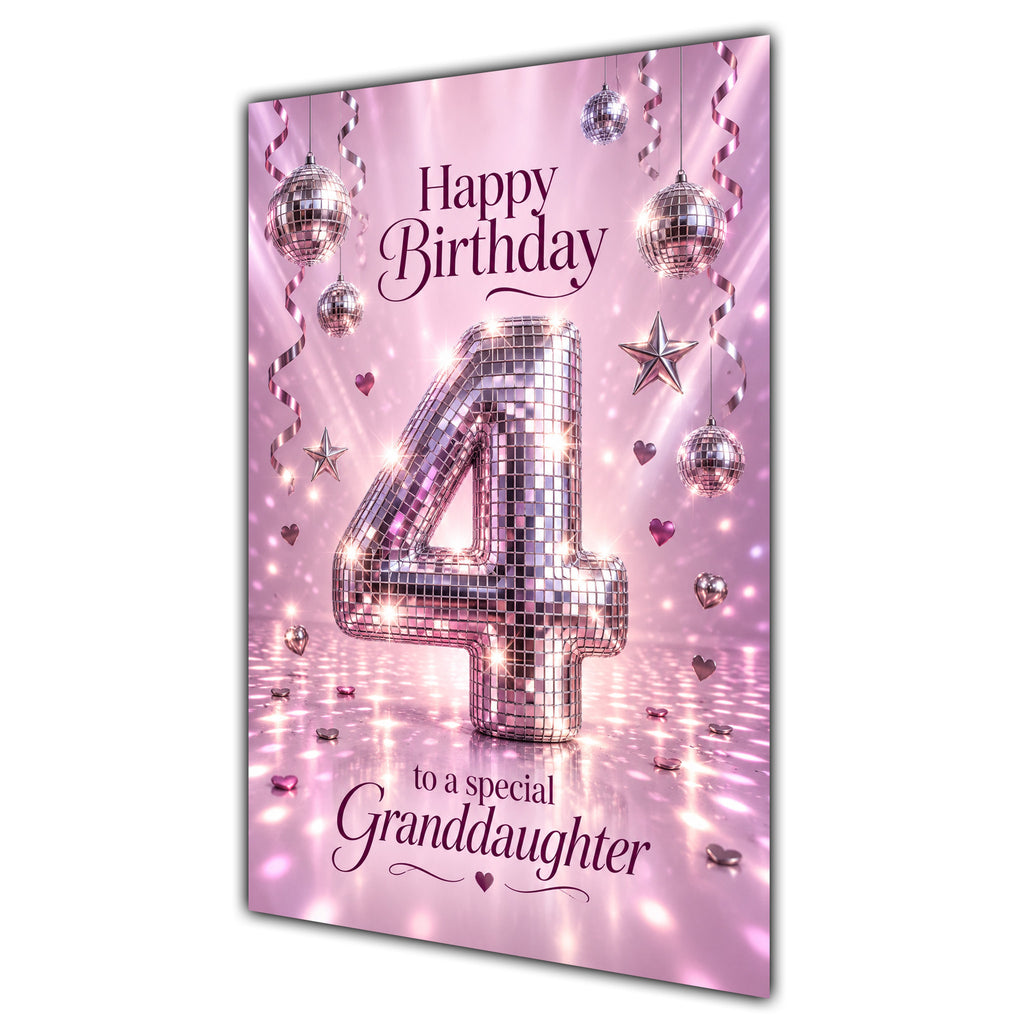 Happy 4th Birthday Granddaughter Pink Disco Ball Number Card A5