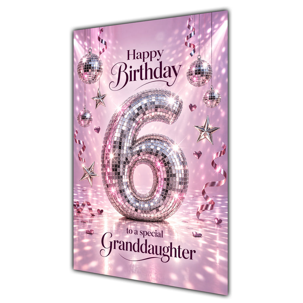 Happy 6th Birthday Granddaughter Pink Disco Ball Number Card A5