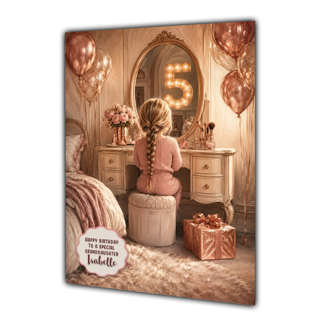 5th Birthday Card For Girls, Daughter, Granddaughter, Niece, Blonde Hair, Dressing Table