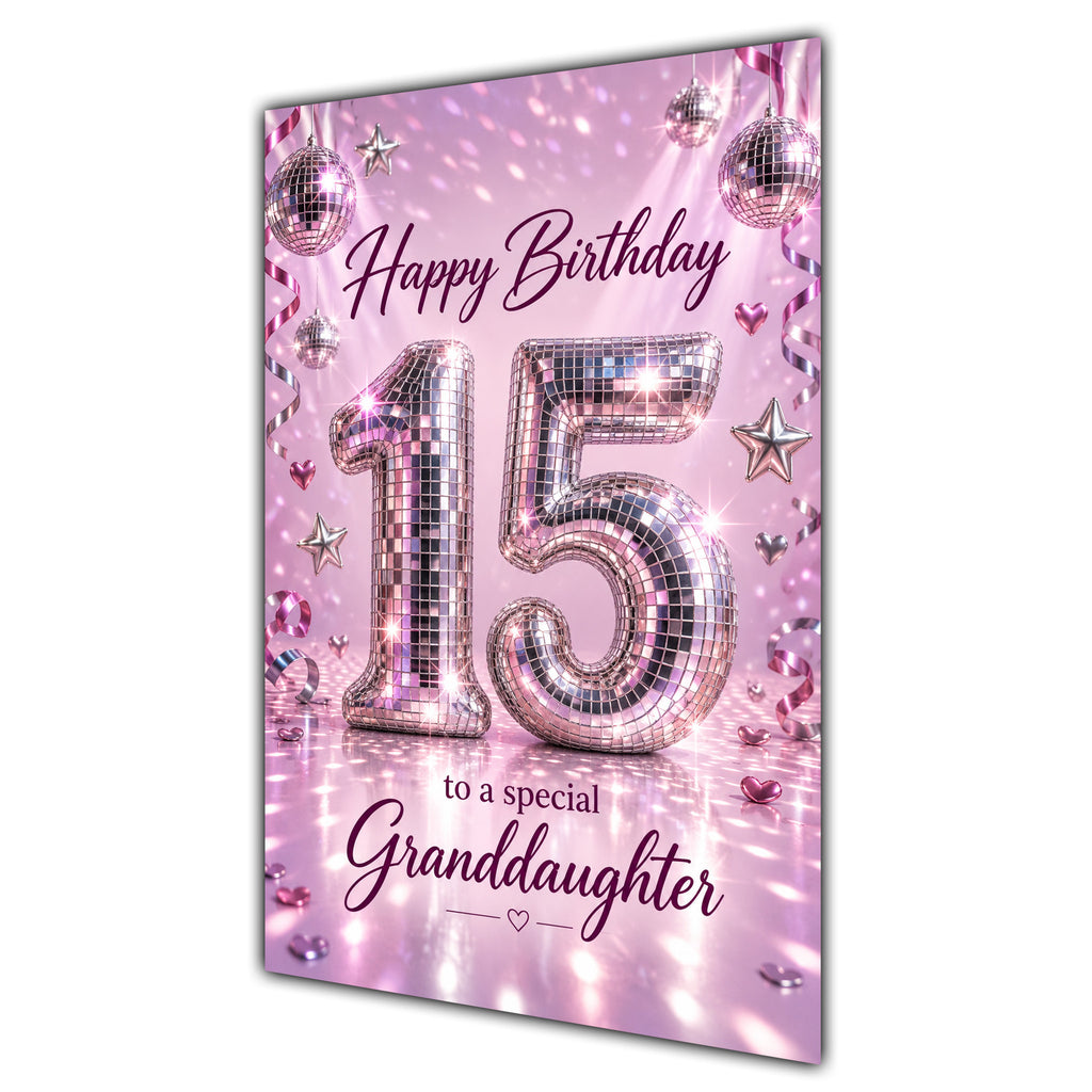 Happy 15th Birthday Granddaughter Pink Disco Ball Number Card A5