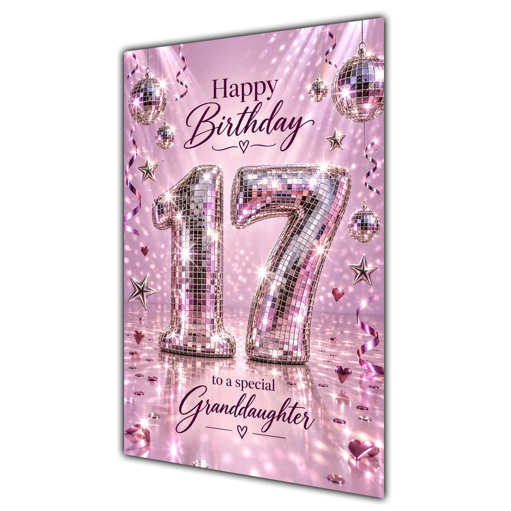 Happy 17th Birthday Granddaughter Pink Disco Ball Number Card A5