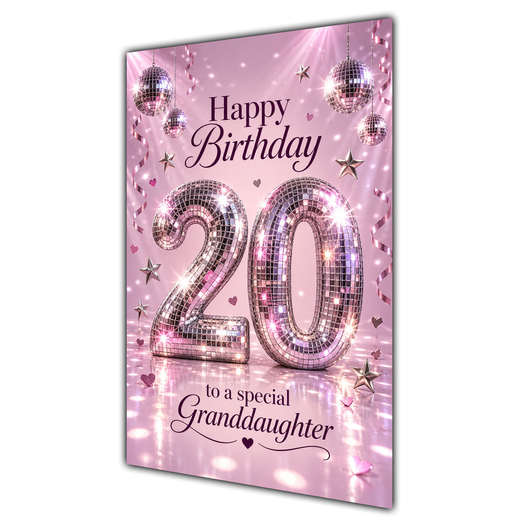 Happy 20th Birthday Granddaughter Pink Disco Ball Number Card A5